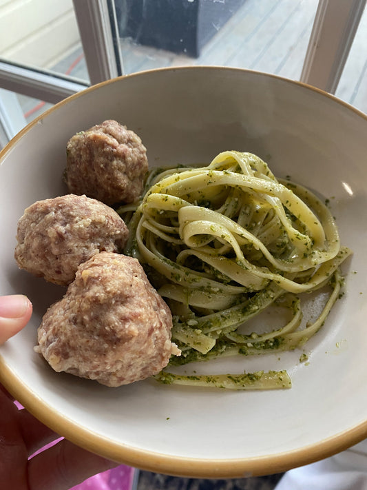 4-Ingredient Italian Meatballs & Carrot Top Pesto