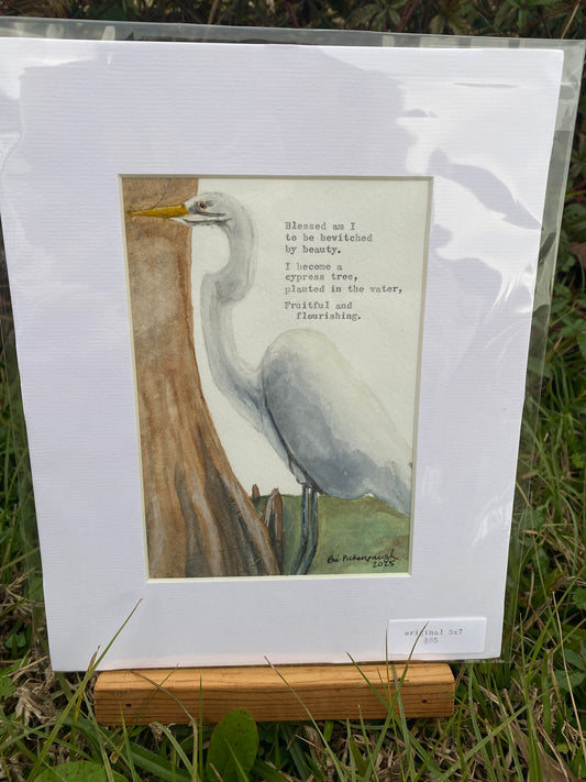 {Great Egret 2025} Original Watercolor + Typewriter Poem