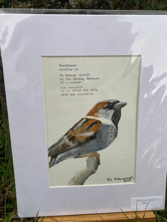 {House Sparrow 2025} Original Watercolor + Typewriter Poem
