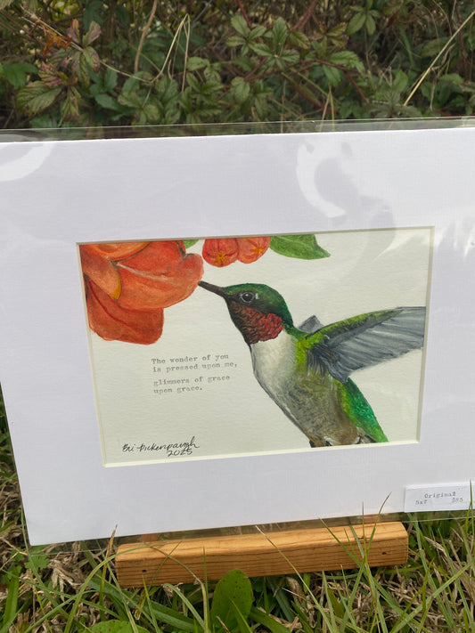 {Ruby Throated Hummingbird 2025} Original Watercolor + Typewriter Poem
